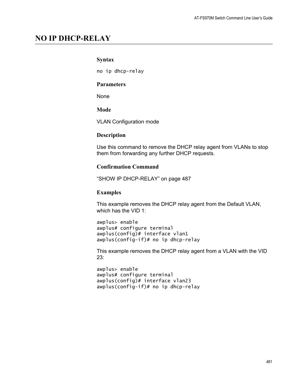 No ip dhcp-relay | Allied Telesis AT-FS970M Series User Manual | Page 481 / 1938