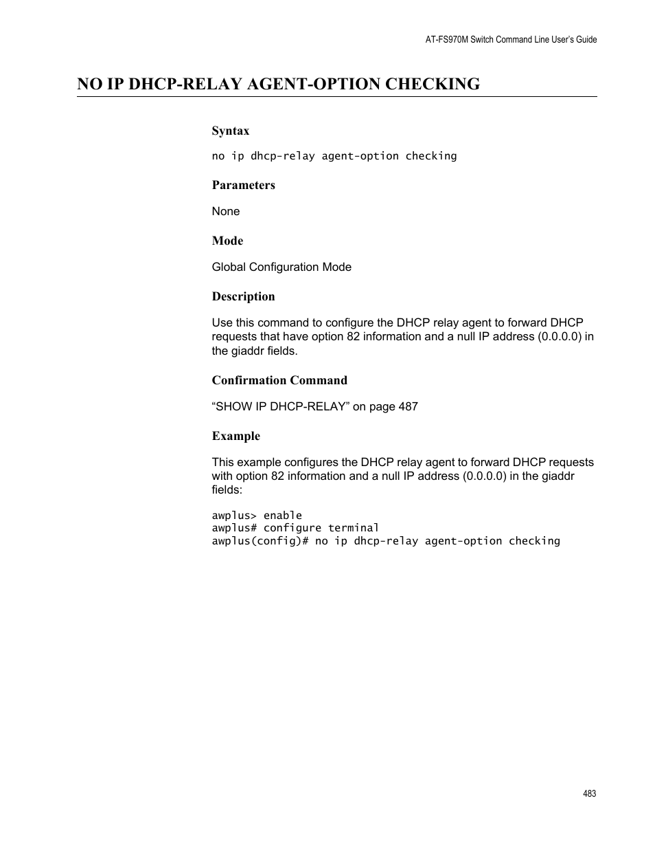 No ip dhcp-relay agent-option checking | Allied Telesis AT-FS970M Series User Manual | Page 483 / 1938