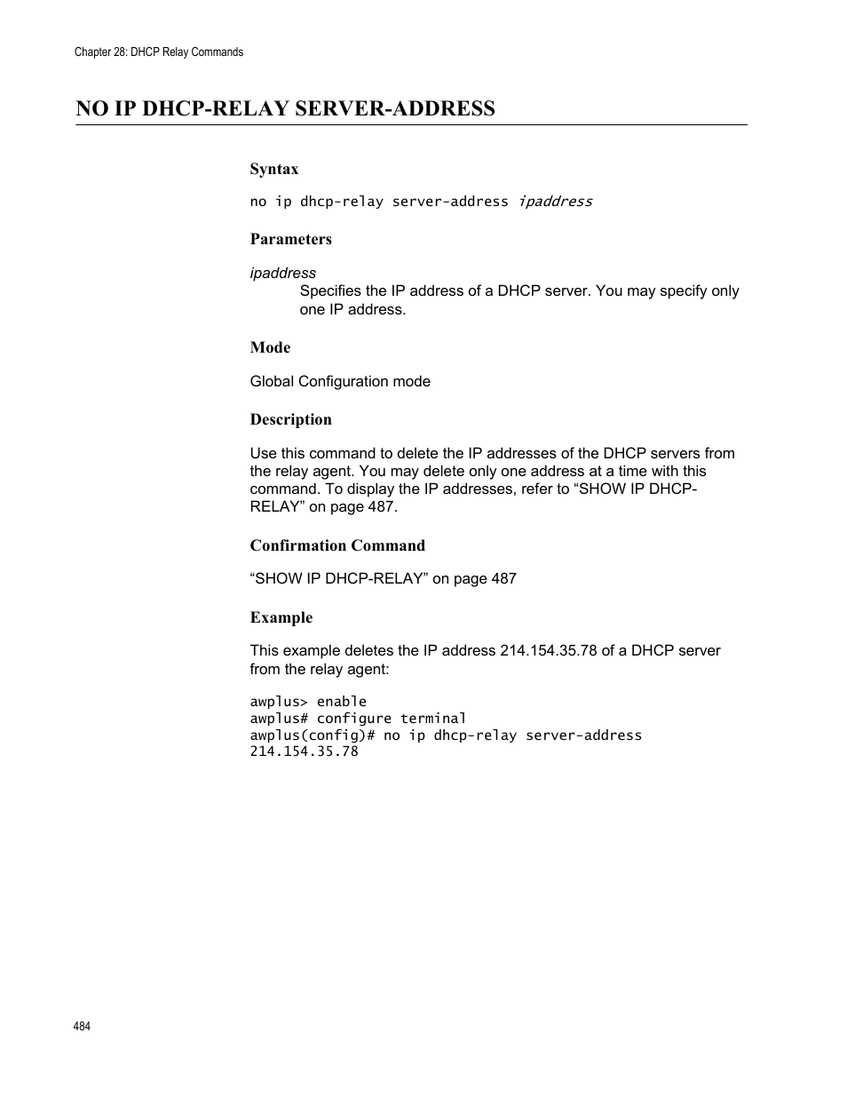 No ip dhcp-relay server-address | Allied Telesis AT-FS970M Series User Manual | Page 484 / 1938