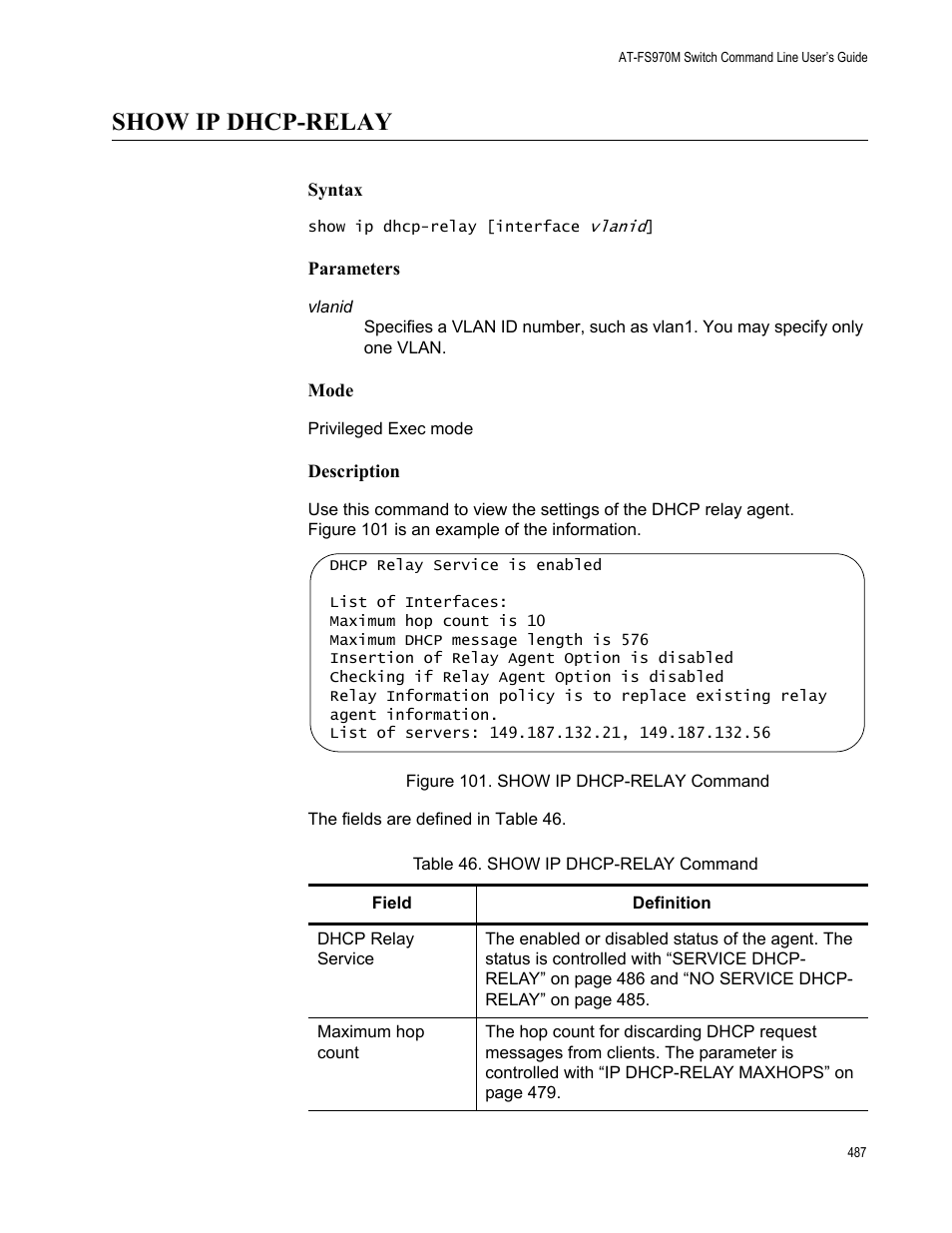 Show ip dhcp-relay, Figure 101. show ip dhcp-relay command, Table 46. show ip dhcp-relay command | Allied Telesis AT-FS970M Series User Manual | Page 487 / 1938
