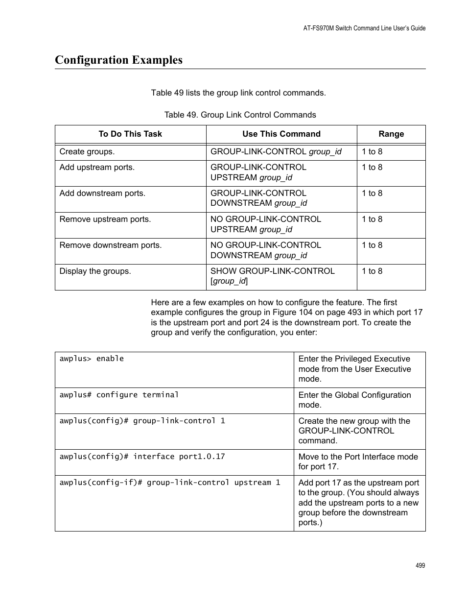 Configuration examples, Group link control commands | Allied Telesis AT-FS970M Series User Manual | Page 499 / 1938