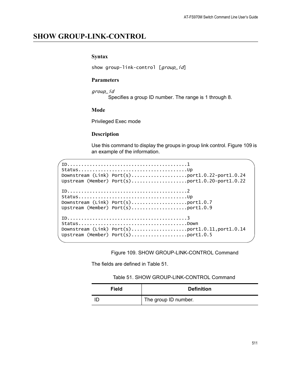 Show group-link-control, Figure 109. show group-link-control command, Table 51. show group-link-control command | Allied Telesis AT-FS970M Series User Manual | Page 511 / 1938