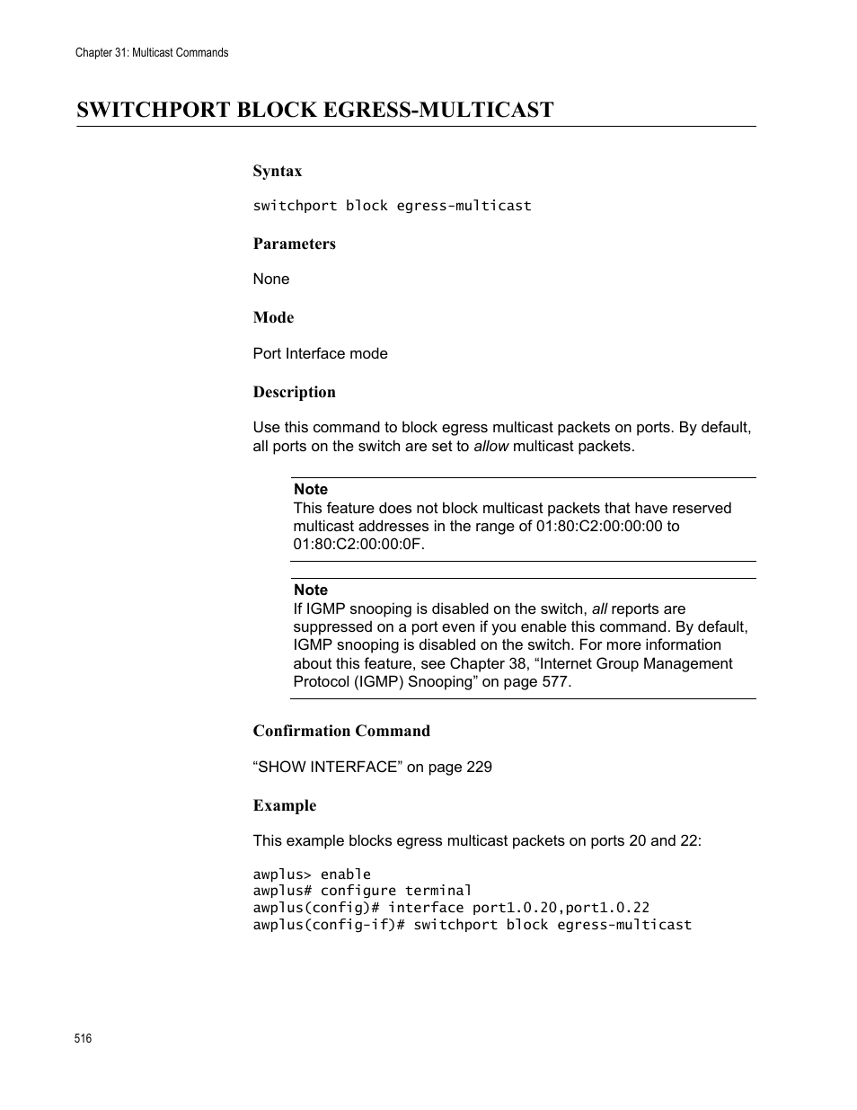 Switchport block egress-multicast | Allied Telesis AT-FS970M Series User Manual | Page 516 / 1938