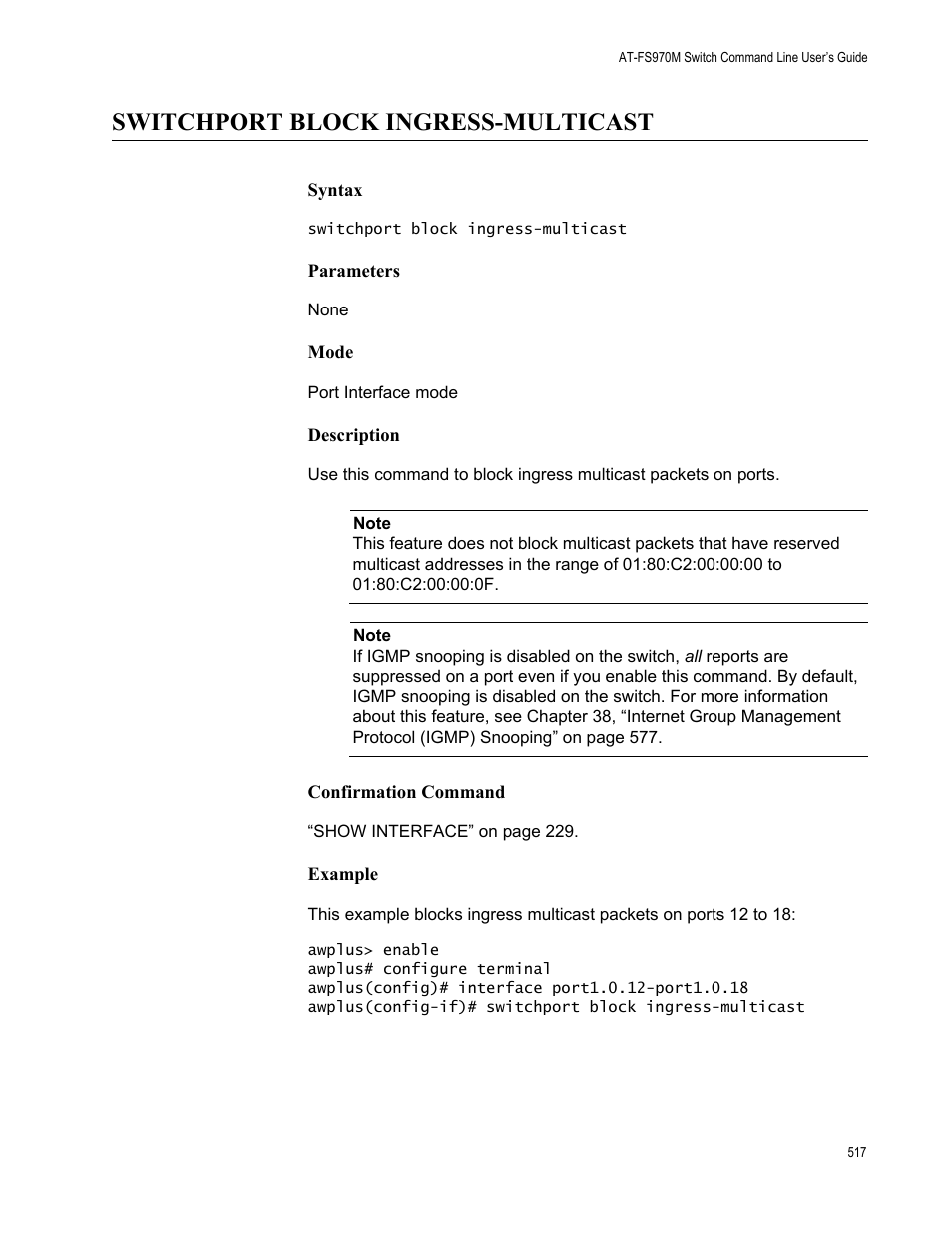 Switchport block ingress-multicast | Allied Telesis AT-FS970M Series User Manual | Page 517 / 1938