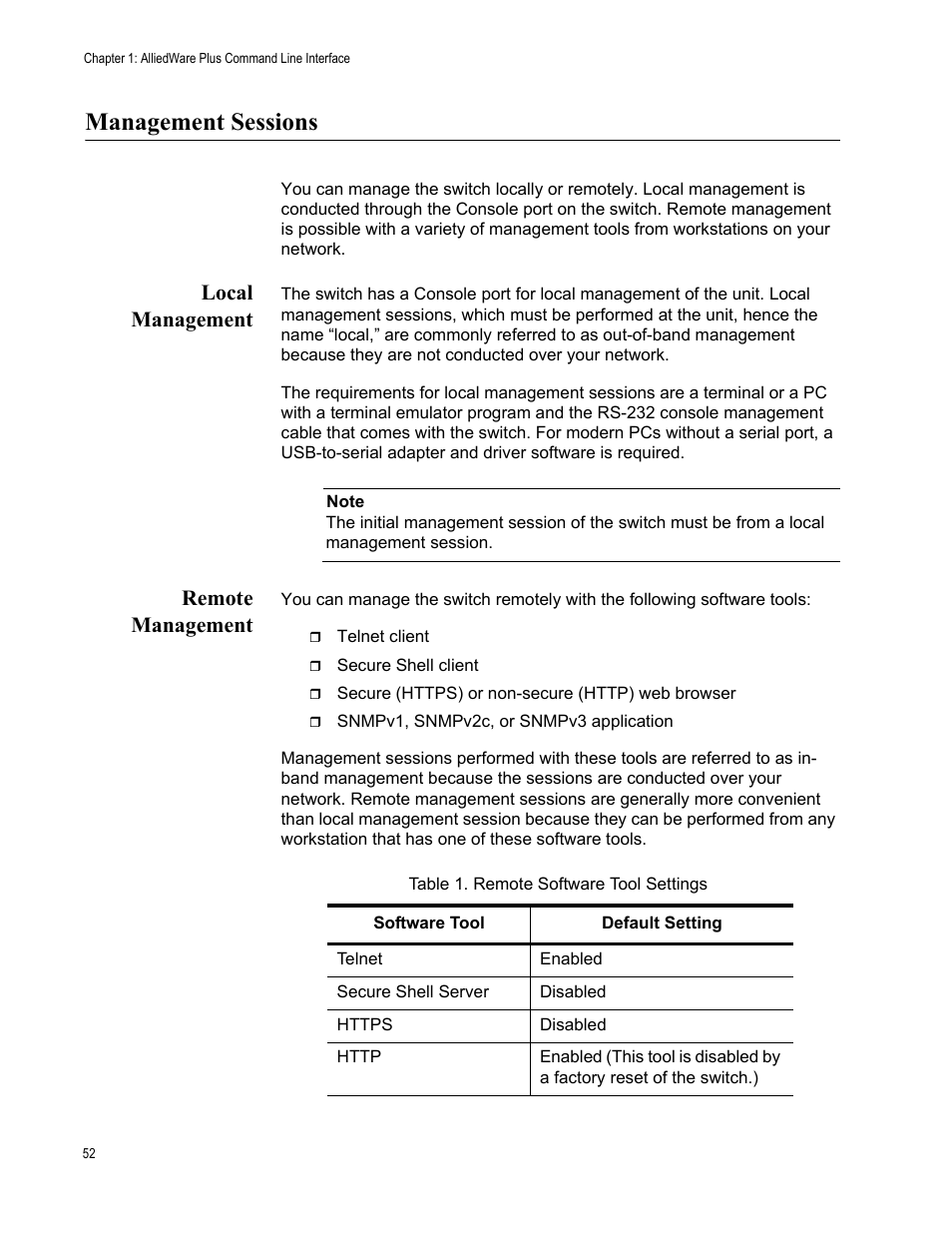 Management sessions, Local management remote management, Table 1. remote software tool settings | Local management, Remote management | Allied Telesis AT-FS970M Series User Manual | Page 52 / 1938