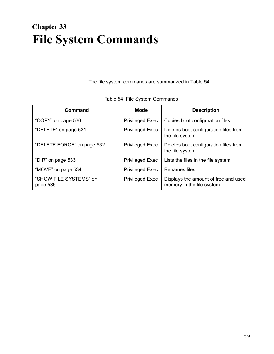 Chapter 33, File system commands, Table 54. file system commands | Allied Telesis AT-FS970M Series User Manual | Page 529 / 1938