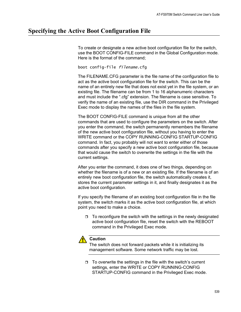 Specifying the active boot configuration file | Allied Telesis AT-FS970M Series User Manual | Page 539 / 1938