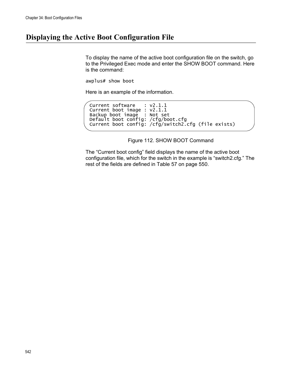 Displaying the active boot configuration file, Figure 112. show boot command | Allied Telesis AT-FS970M Series User Manual | Page 542 / 1938