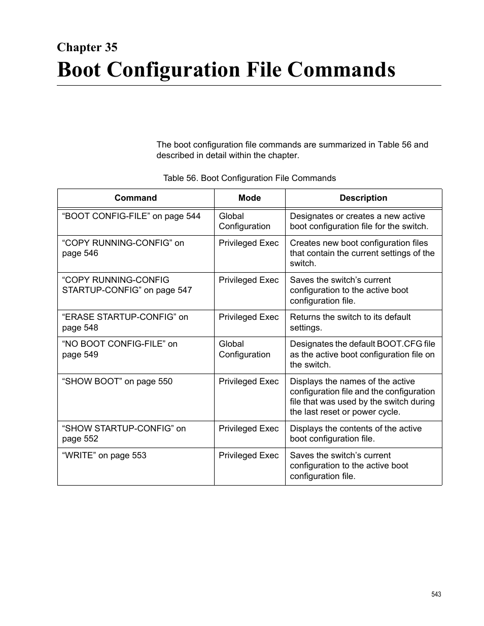 Chapter 35, Boot configuration file commands, Table 56. boot configuration file commands | Allied Telesis AT-FS970M Series User Manual | Page 543 / 1938
