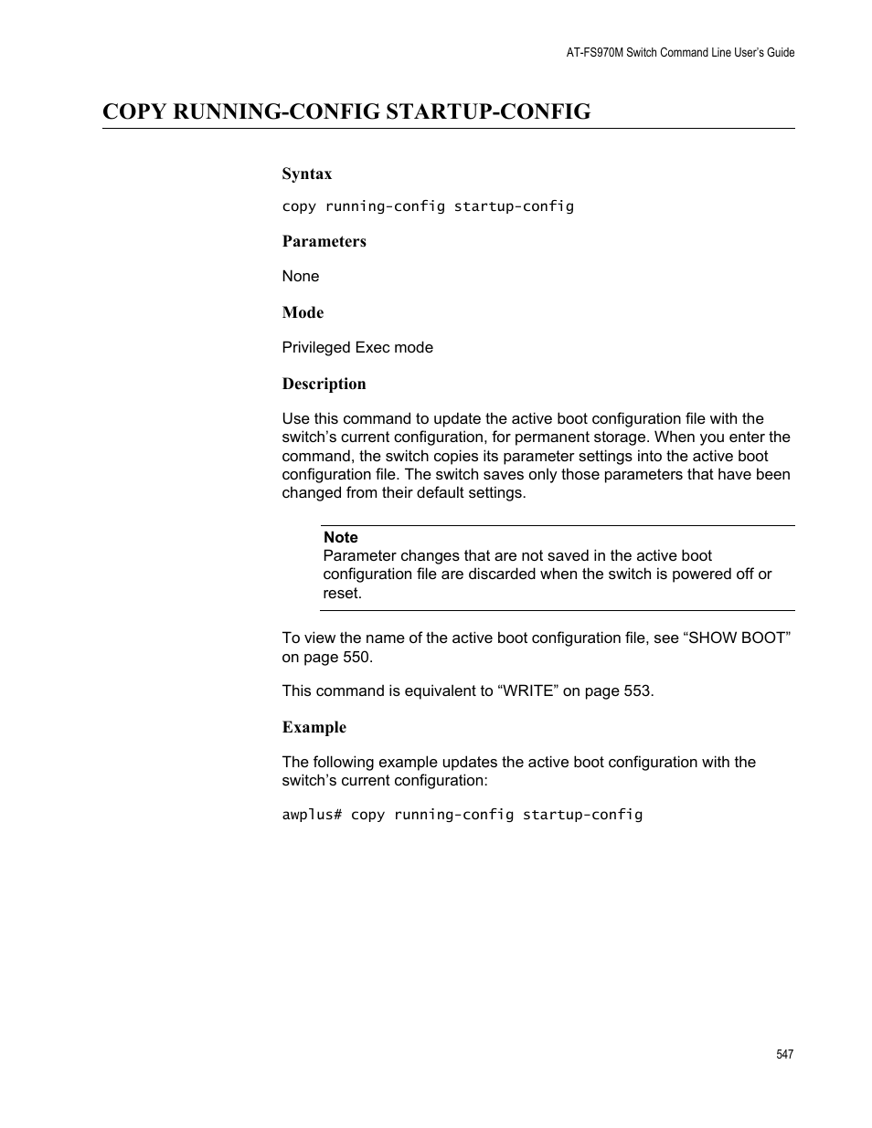 Copy running-config startup-config | Allied Telesis AT-FS970M Series User Manual | Page 547 / 1938