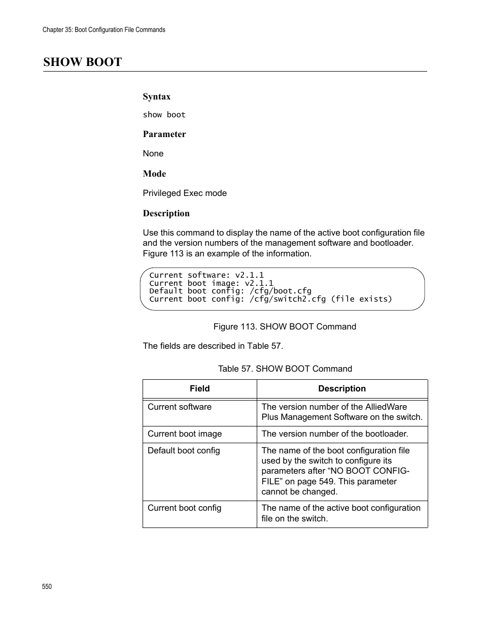Show boot, Figure 113. show boot command, Table 57. show boot command | Allied Telesis AT-FS970M Series User Manual | Page 550 / 1938