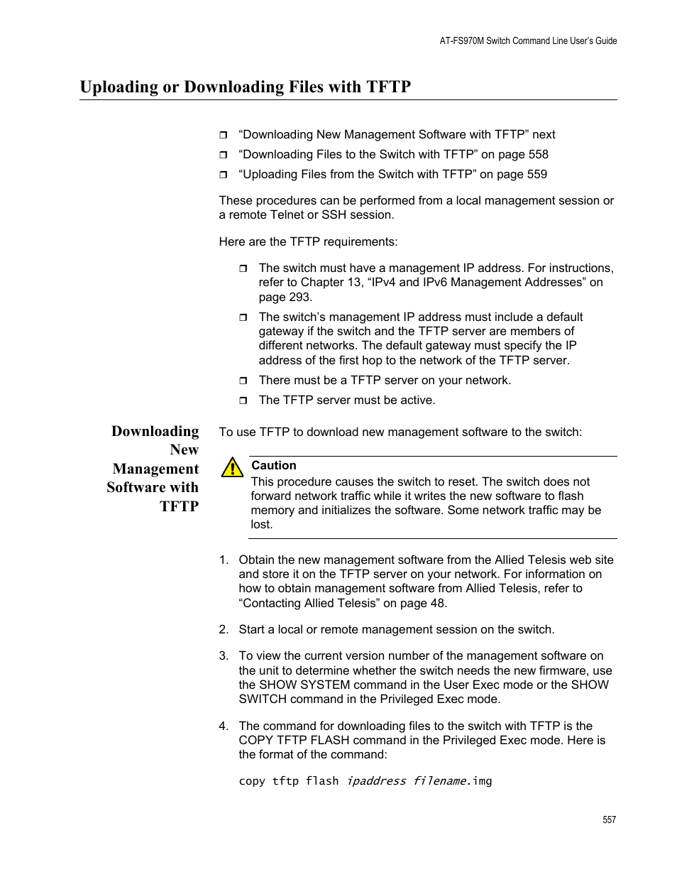 Uploading or downloading files with tftp, Downloading new management software with tftp | Allied Telesis AT-FS970M Series User Manual | Page 557 / 1938