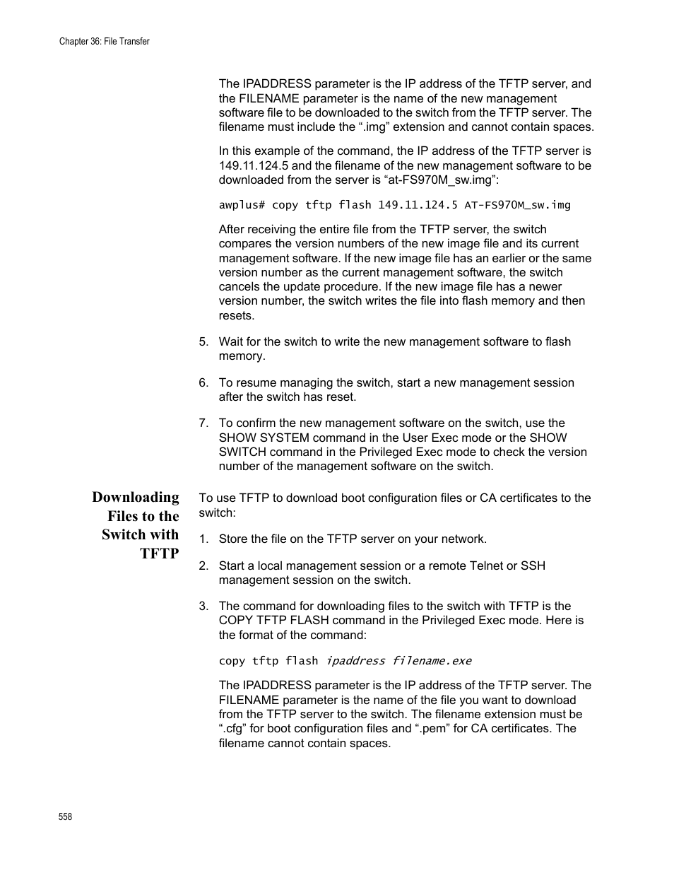 Downloading files to the switch with tftp | Allied Telesis AT-FS970M Series User Manual | Page 558 / 1938