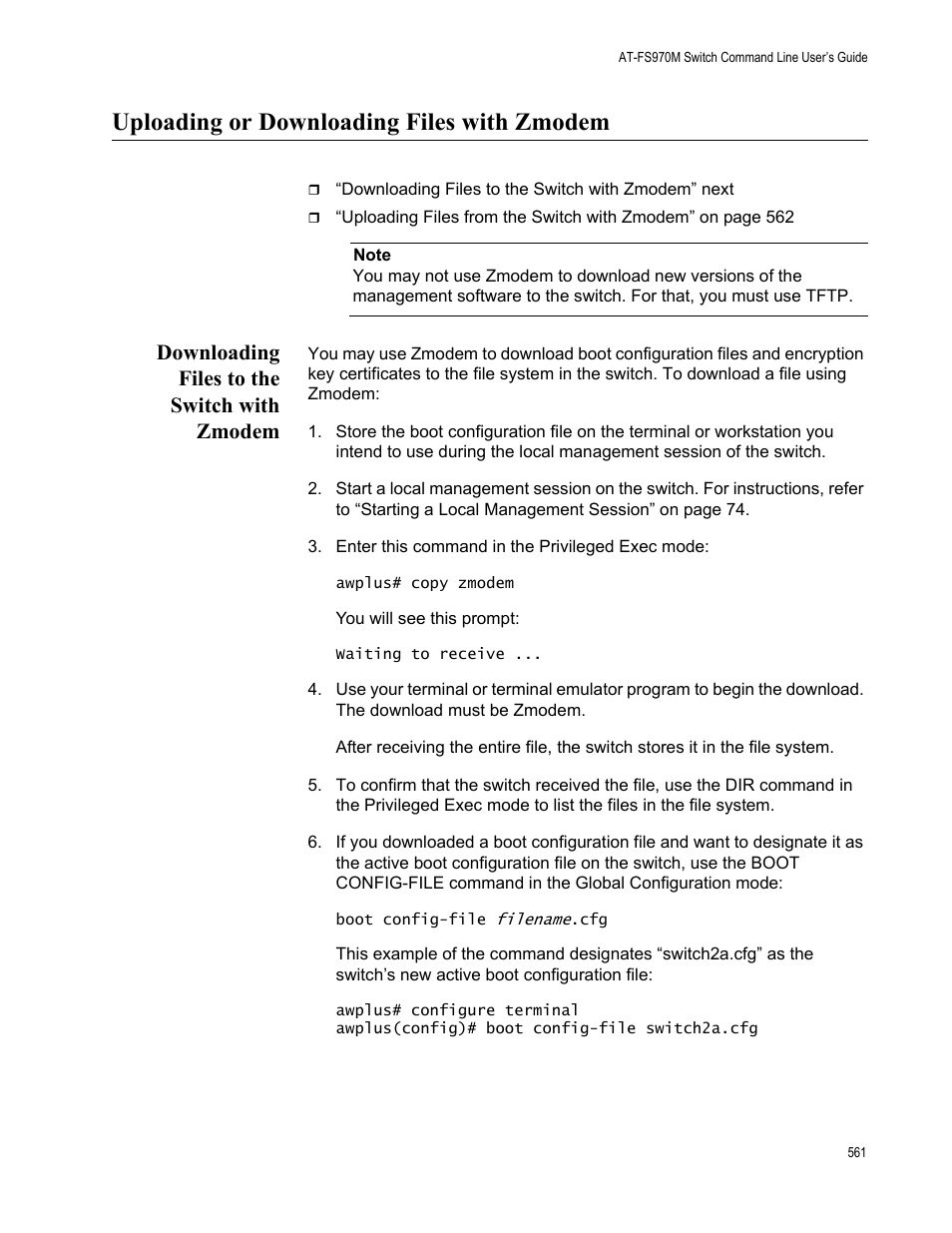 Uploading or downloading files with zmodem, Downloading files to the switch with zmodem | Allied Telesis AT-FS970M Series User Manual | Page 561 / 1938