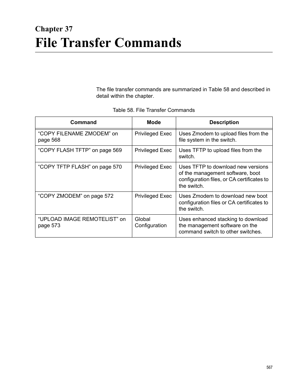 Chapter 37, File transfer commands, Table 58. file transfer commands | Allied Telesis AT-FS970M Series User Manual | Page 567 / 1938