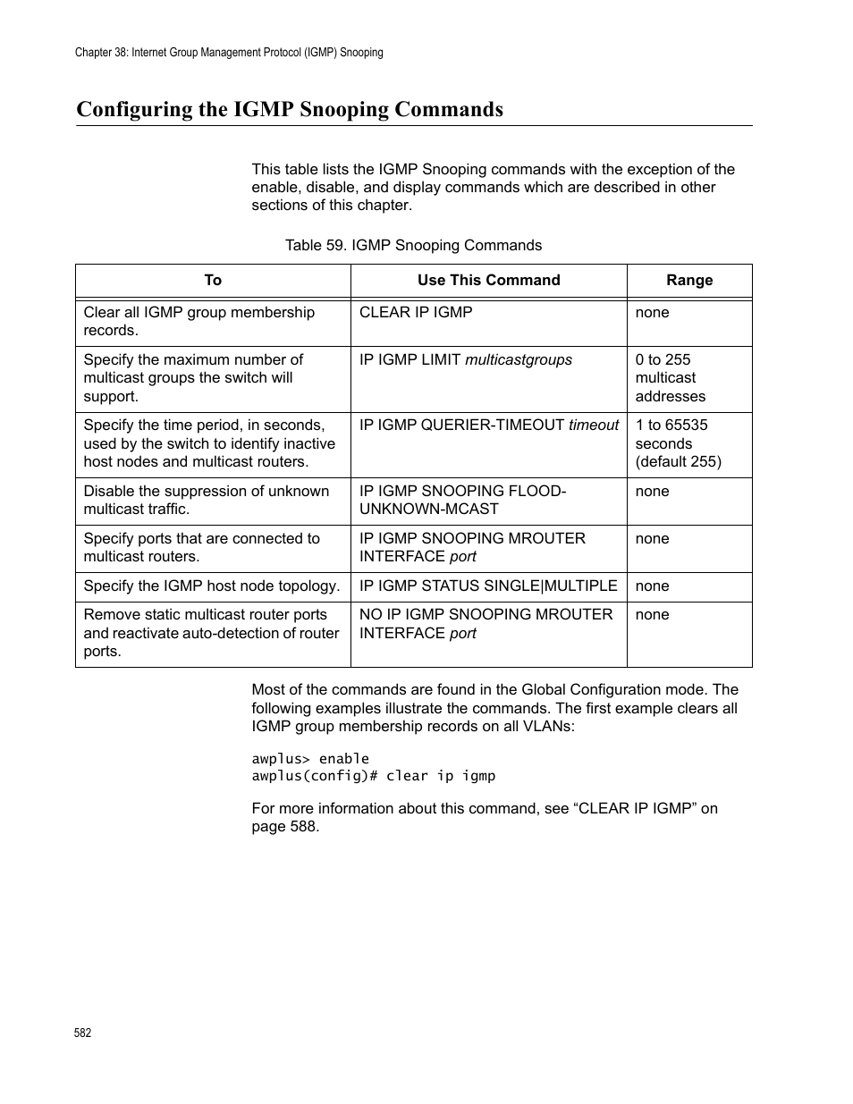 Configuring the igmp snooping commands, Table 59. igmp snooping commands | Allied Telesis AT-FS970M Series User Manual | Page 582 / 1938