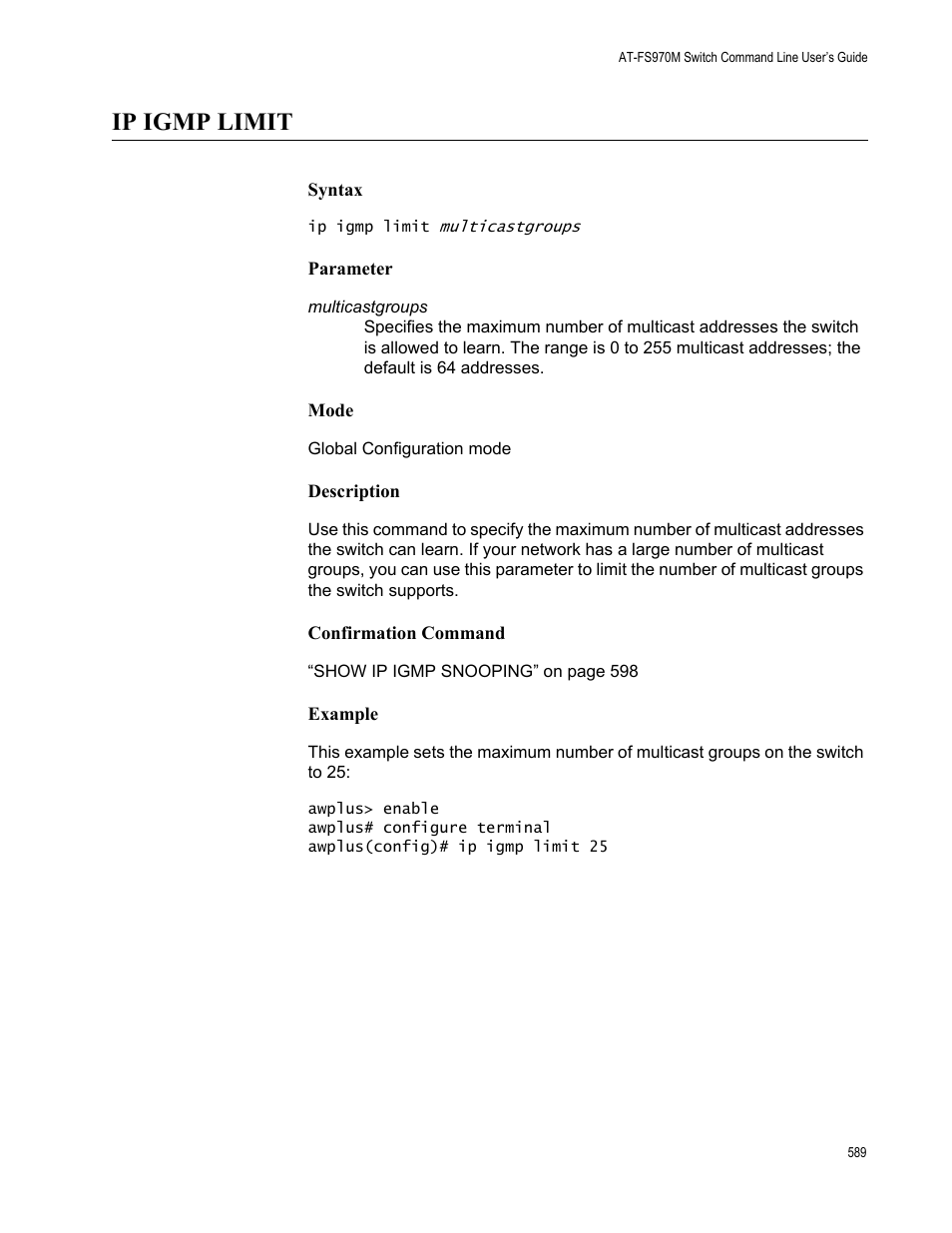Ip igmp limit | Allied Telesis AT-FS970M Series User Manual | Page 589 / 1938