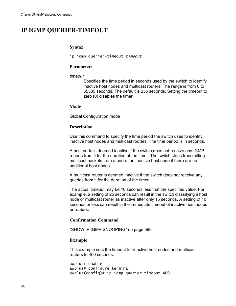 Ip igmp querier-timeout | Allied Telesis AT-FS970M Series User Manual | Page 590 / 1938