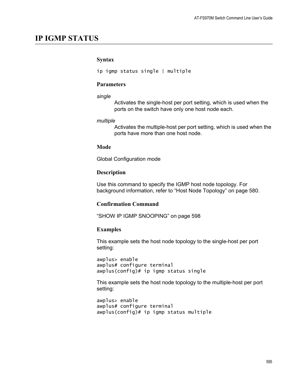 Ip igmp status | Allied Telesis AT-FS970M Series User Manual | Page 595 / 1938
