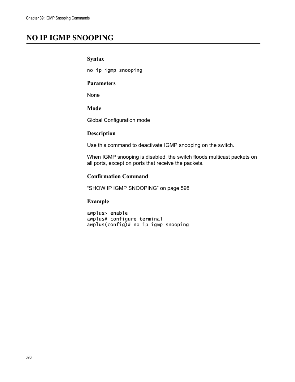 No ip igmp snooping | Allied Telesis AT-FS970M Series User Manual | Page 596 / 1938