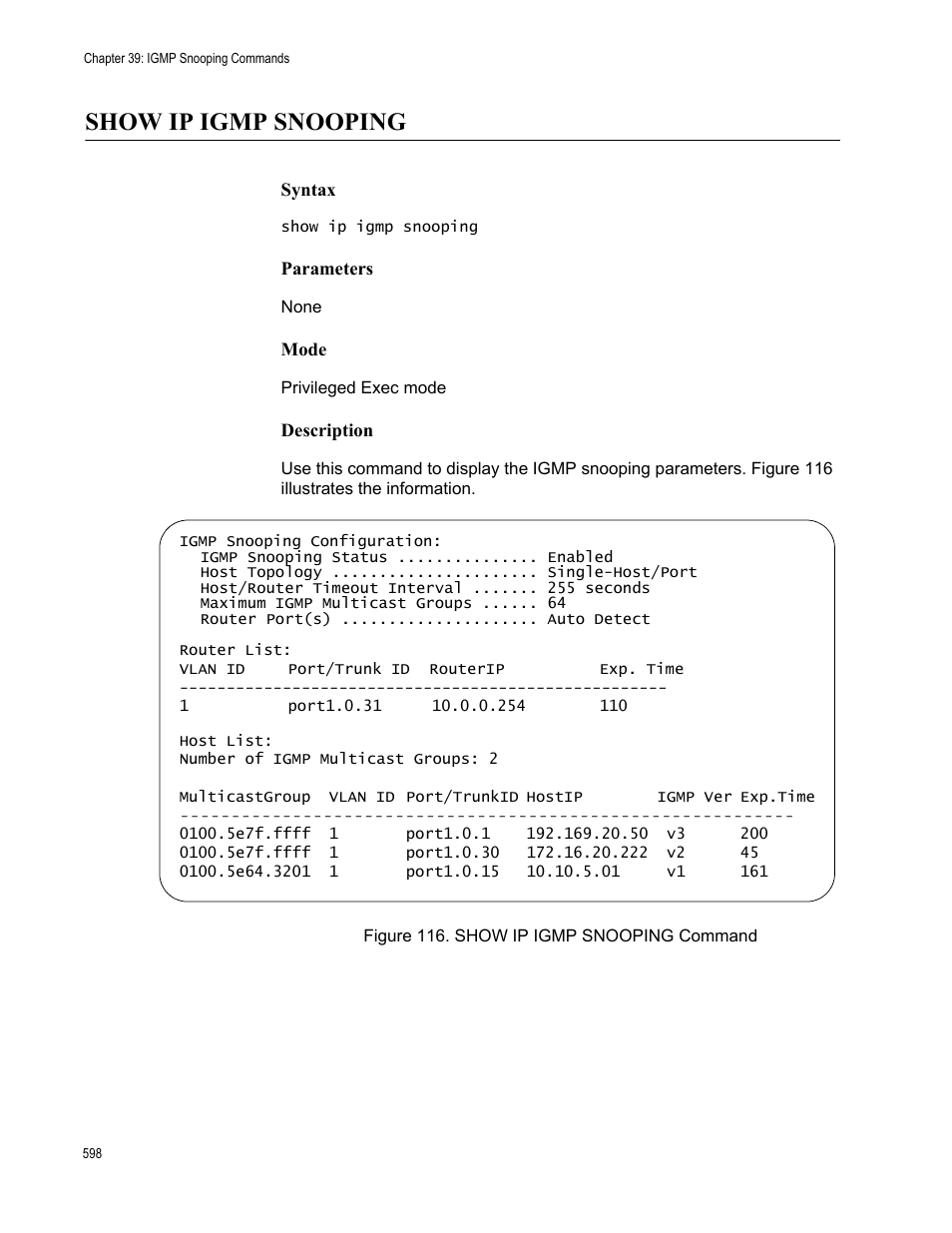 Show ip igmp snooping, Figure 116. show ip igmp snooping command | Allied Telesis AT-FS970M Series User Manual | Page 598 / 1938