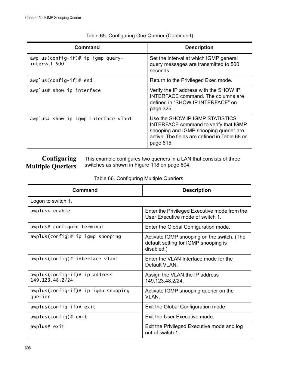 Configuring multiple queriers, Table 66. configuring multiple queriers | Allied Telesis AT-FS970M Series User Manual | Page 608 / 1938