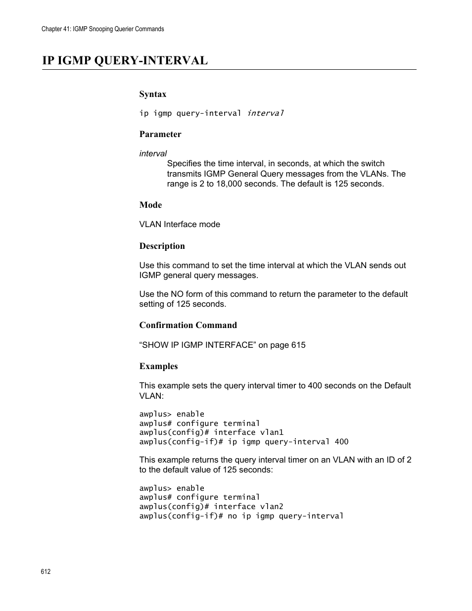 Ip igmp query-interval | Allied Telesis AT-FS970M Series User Manual | Page 612 / 1938