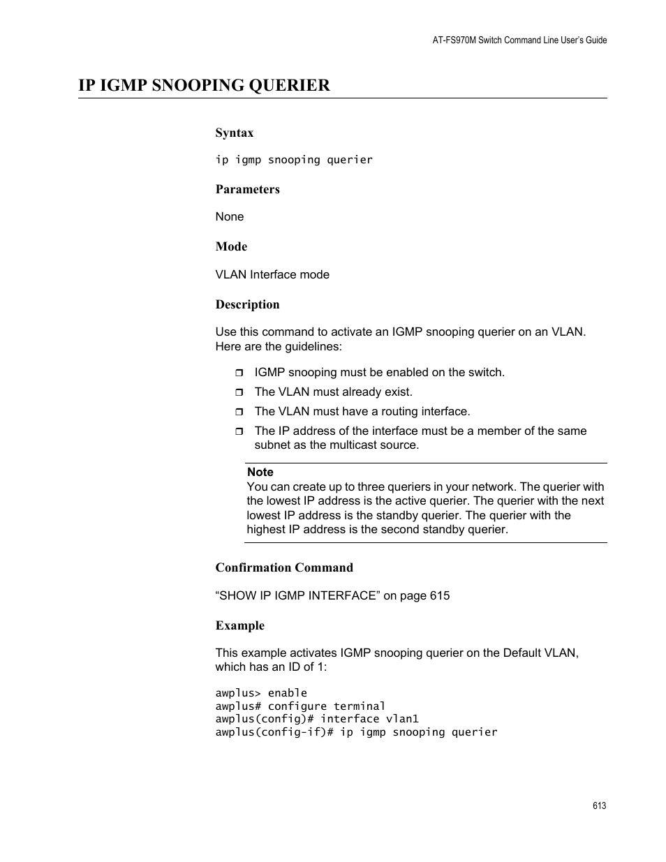 Ip igmp snooping querier | Allied Telesis AT-FS970M Series User Manual | Page 613 / 1938