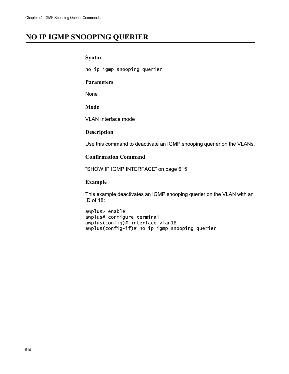 No ip igmp snooping querier | Allied Telesis AT-FS970M Series User Manual | Page 614 / 1938