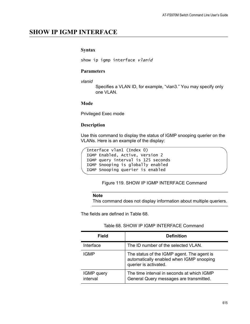 Show ip igmp interface, Figure 119. show ip igmp interface command, Table 68. show ip igmp interface command | Allied Telesis AT-FS970M Series User Manual | Page 615 / 1938