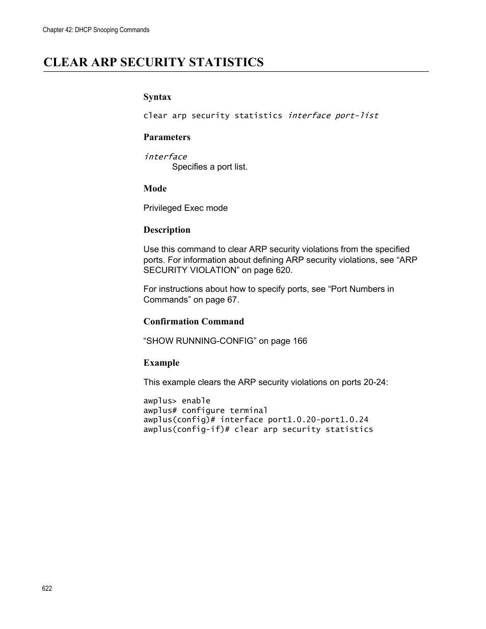 Clear arp security statistics | Allied Telesis AT-FS970M Series User Manual | Page 622 / 1938