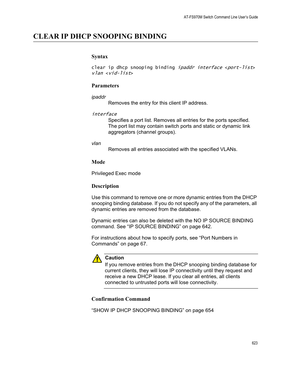 Clear ip dhcp snooping binding | Allied Telesis AT-FS970M Series User Manual | Page 623 / 1938