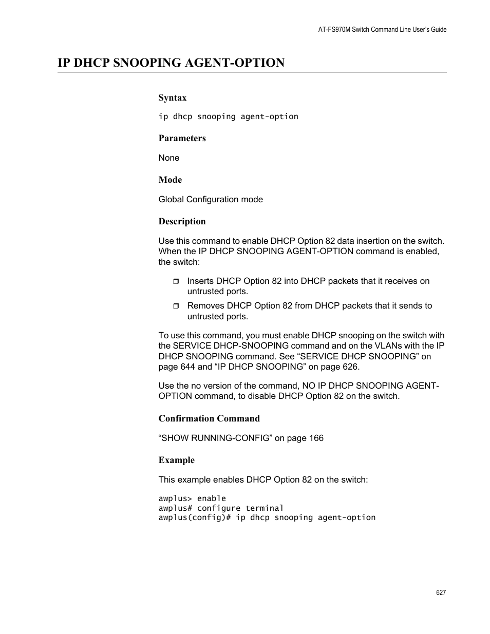 Ip dhcp snooping agent-option | Allied Telesis AT-FS970M Series User Manual | Page 627 / 1938