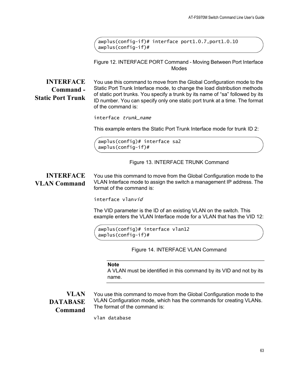 Interface command - static port trunk, Interface vlan command, Vlan database command | Allied Telesis AT-FS970M Series User Manual | Page 63 / 1938