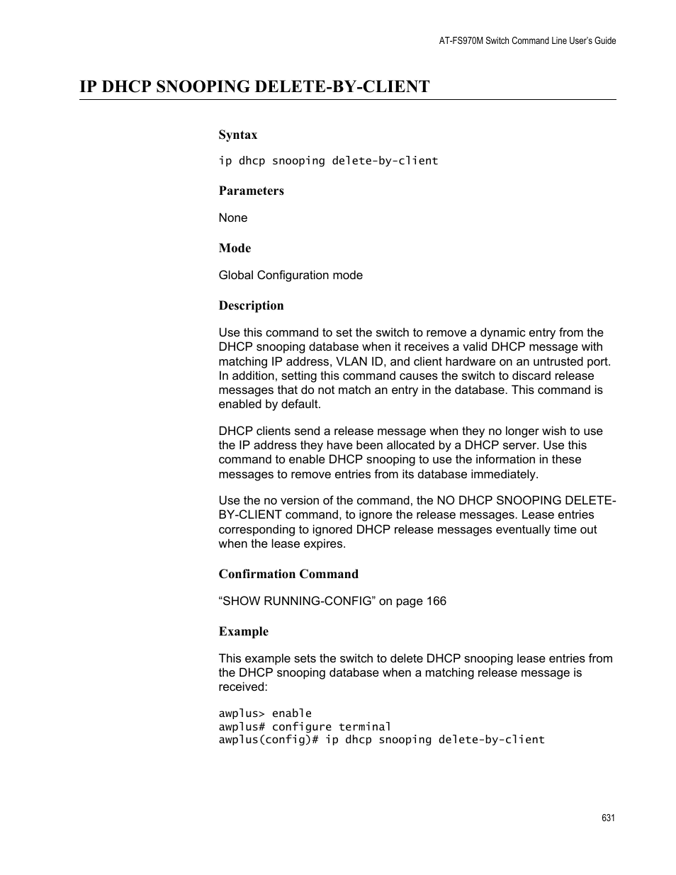 Ip dhcp snooping delete-by-client | Allied Telesis AT-FS970M Series User Manual | Page 631 / 1938
