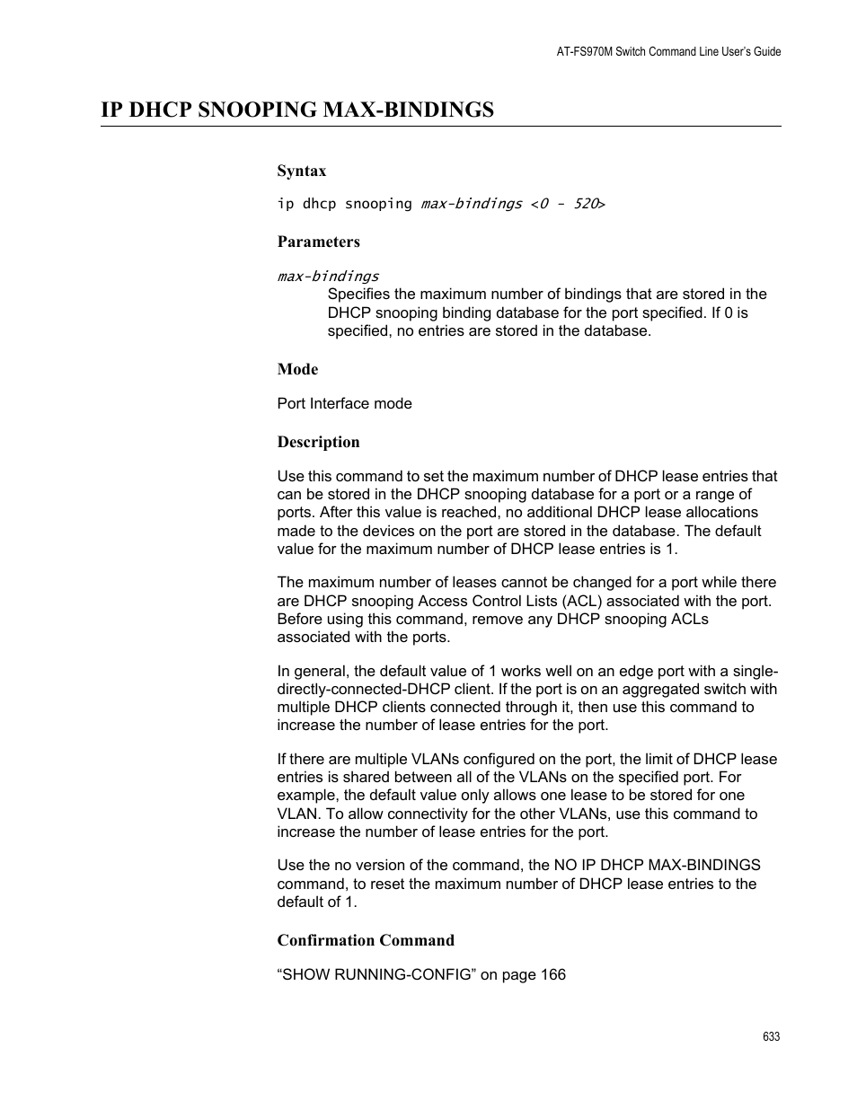 Ip dhcp snooping max-bindings | Allied Telesis AT-FS970M Series User Manual | Page 633 / 1938