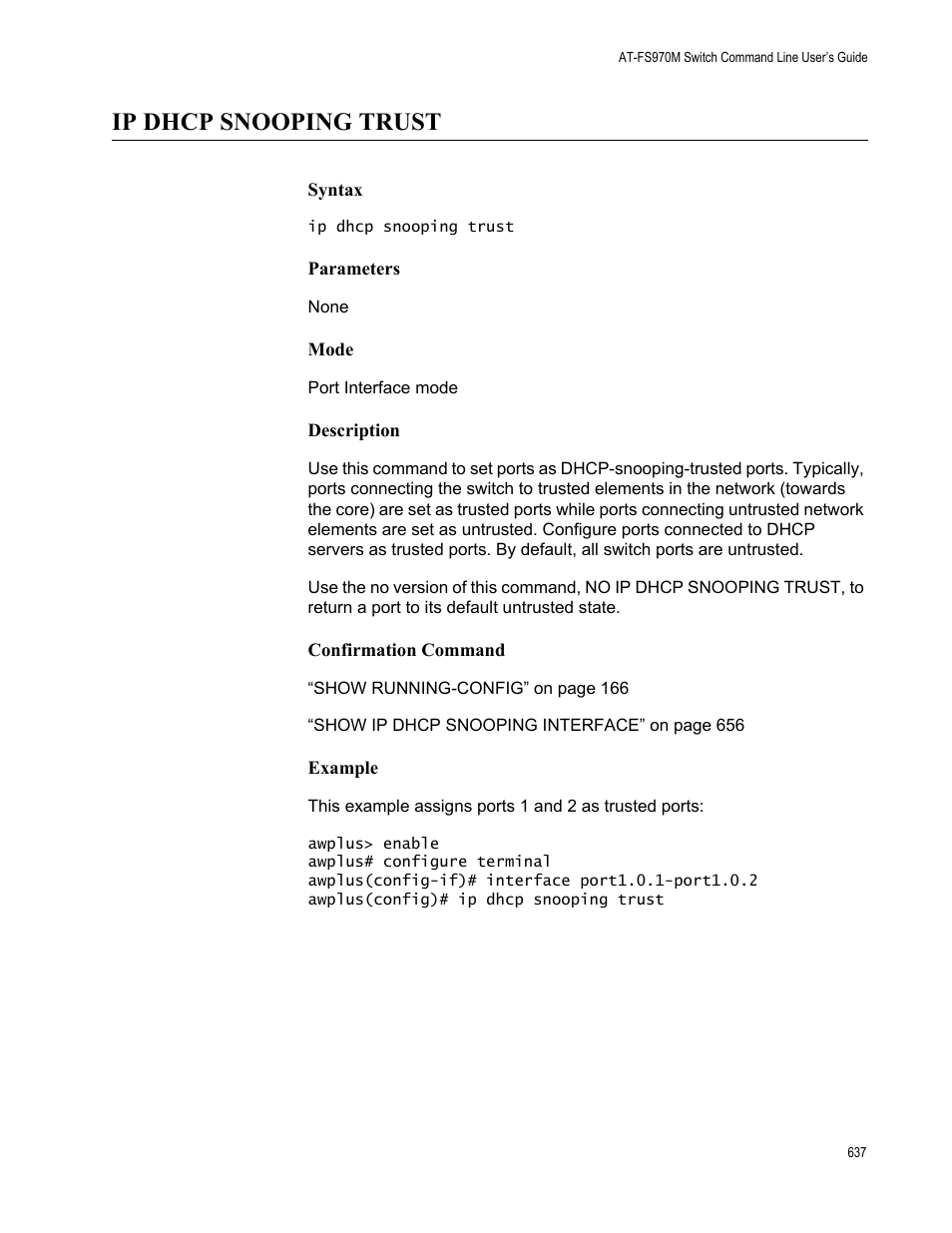 Ip dhcp snooping trust | Allied Telesis AT-FS970M Series User Manual | Page 637 / 1938