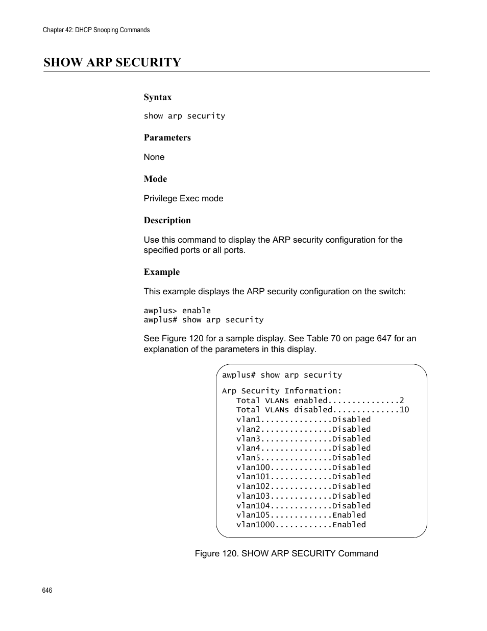 Show arp security, Figure 120. show arp security command | Allied Telesis AT-FS970M Series User Manual | Page 646 / 1938