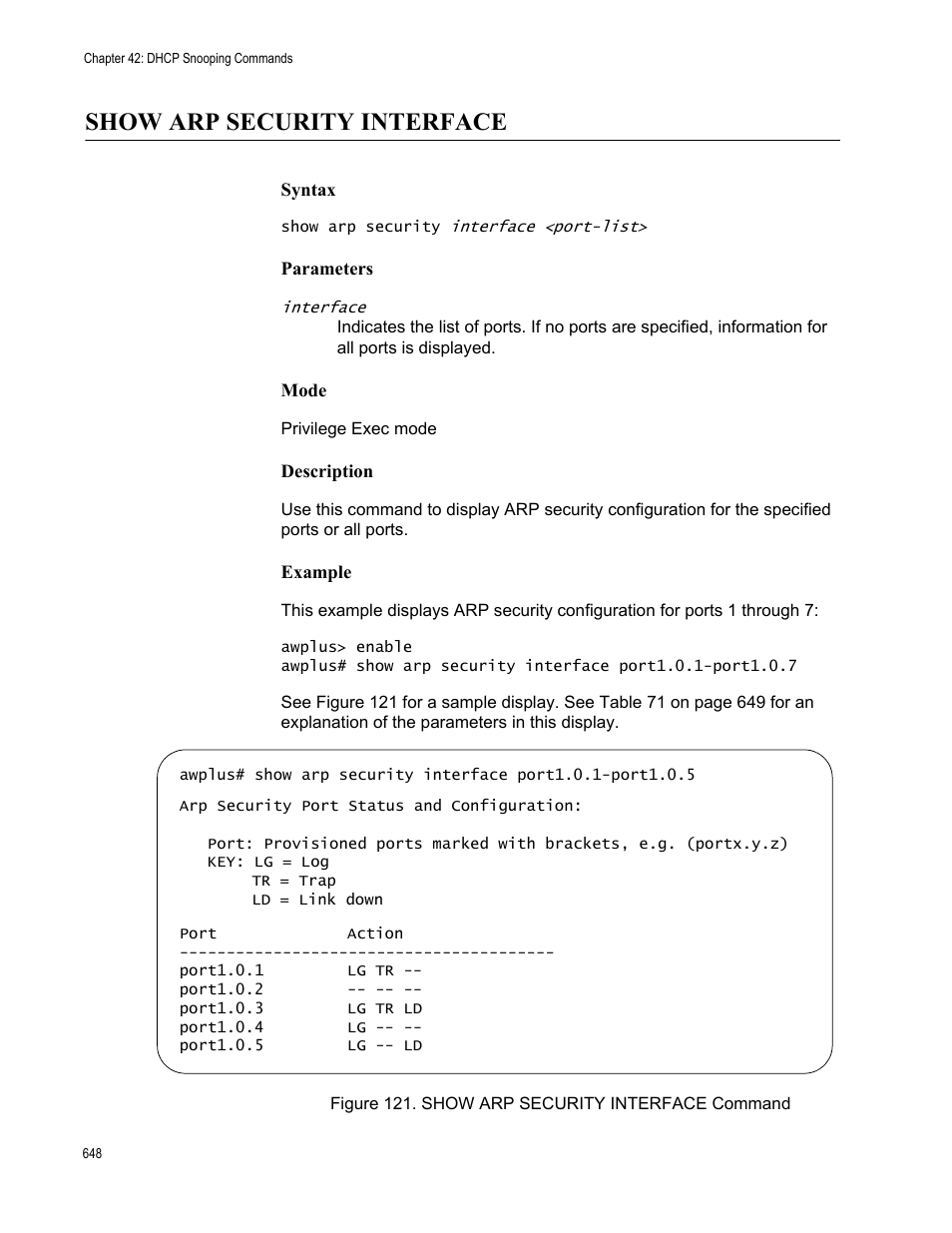 Show arp security interface, Figure 121. show arp security interface command | Allied Telesis AT-FS970M Series User Manual | Page 648 / 1938