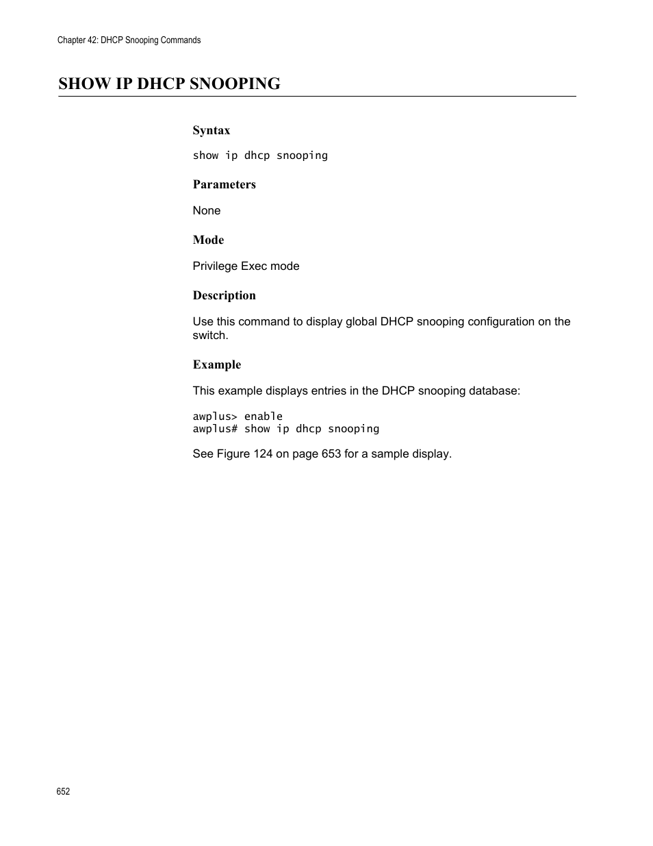 Show ip dhcp snooping | Allied Telesis AT-FS970M Series User Manual | Page 652 / 1938