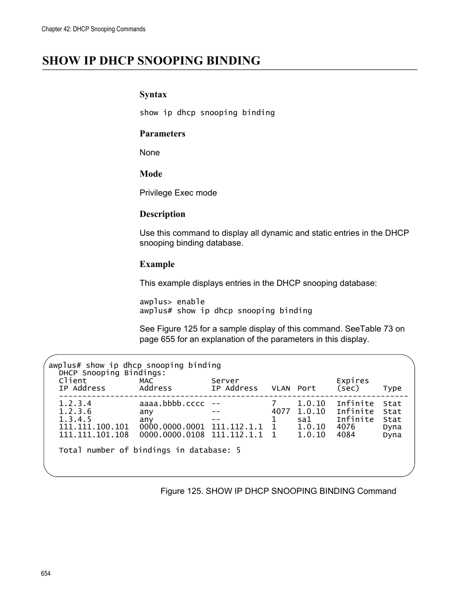 Show ip dhcp snooping binding, Figure 125. show ip dhcp snooping binding command | Allied Telesis AT-FS970M Series User Manual | Page 654 / 1938