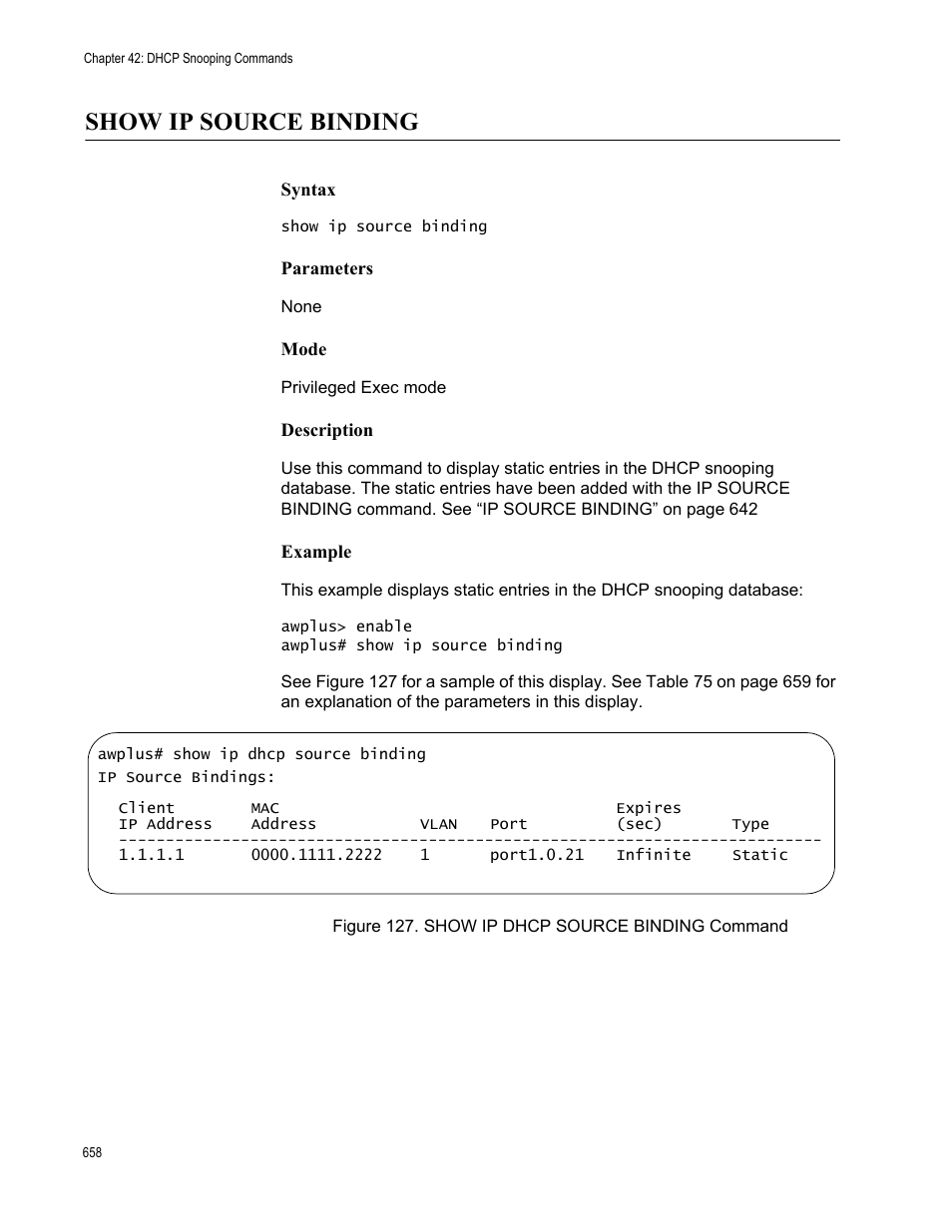 Show ip source binding, Figure 127. show ip dhcp source binding command | Allied Telesis AT-FS970M Series User Manual | Page 658 / 1938
