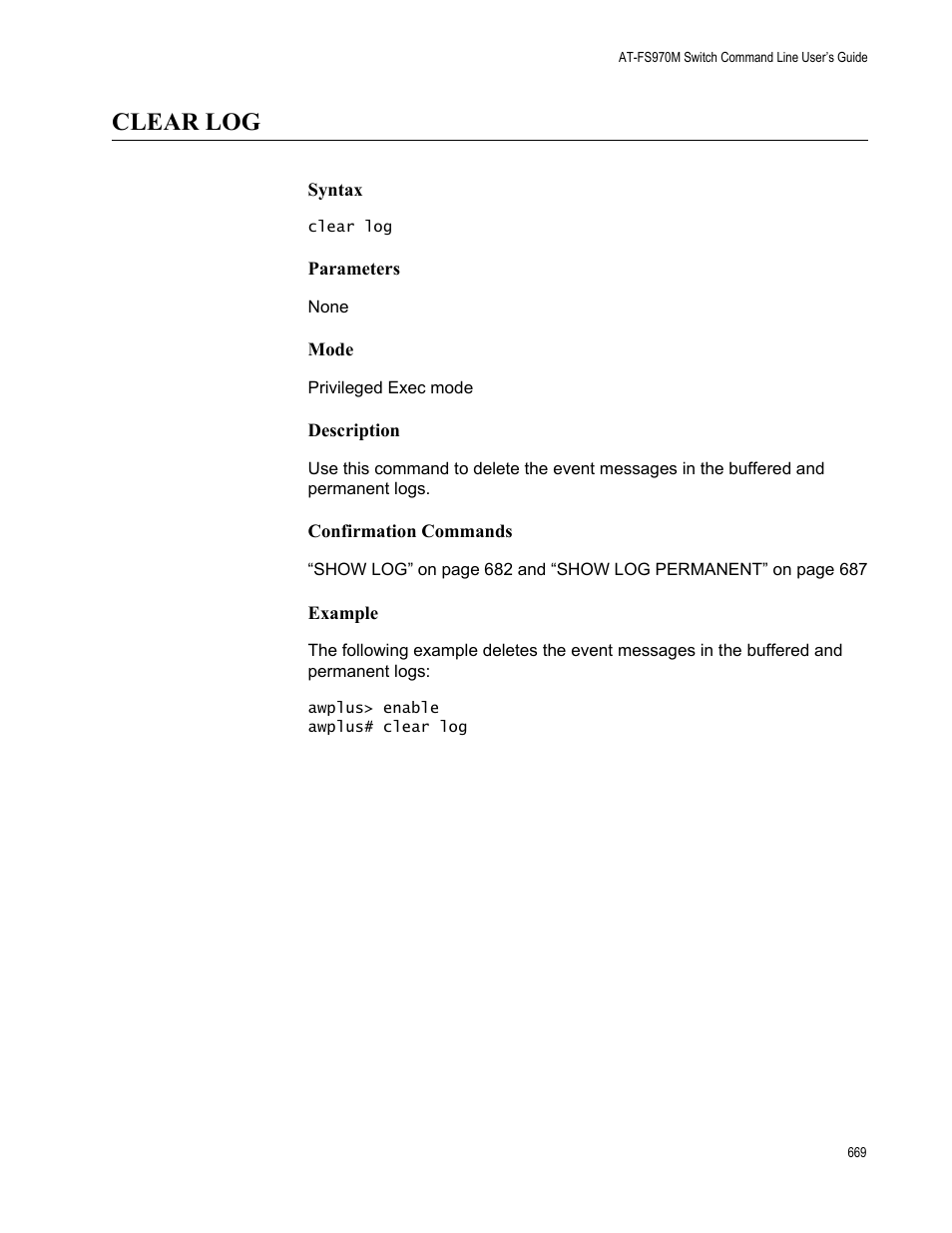 Clear log | Allied Telesis AT-FS970M Series User Manual | Page 669 / 1938