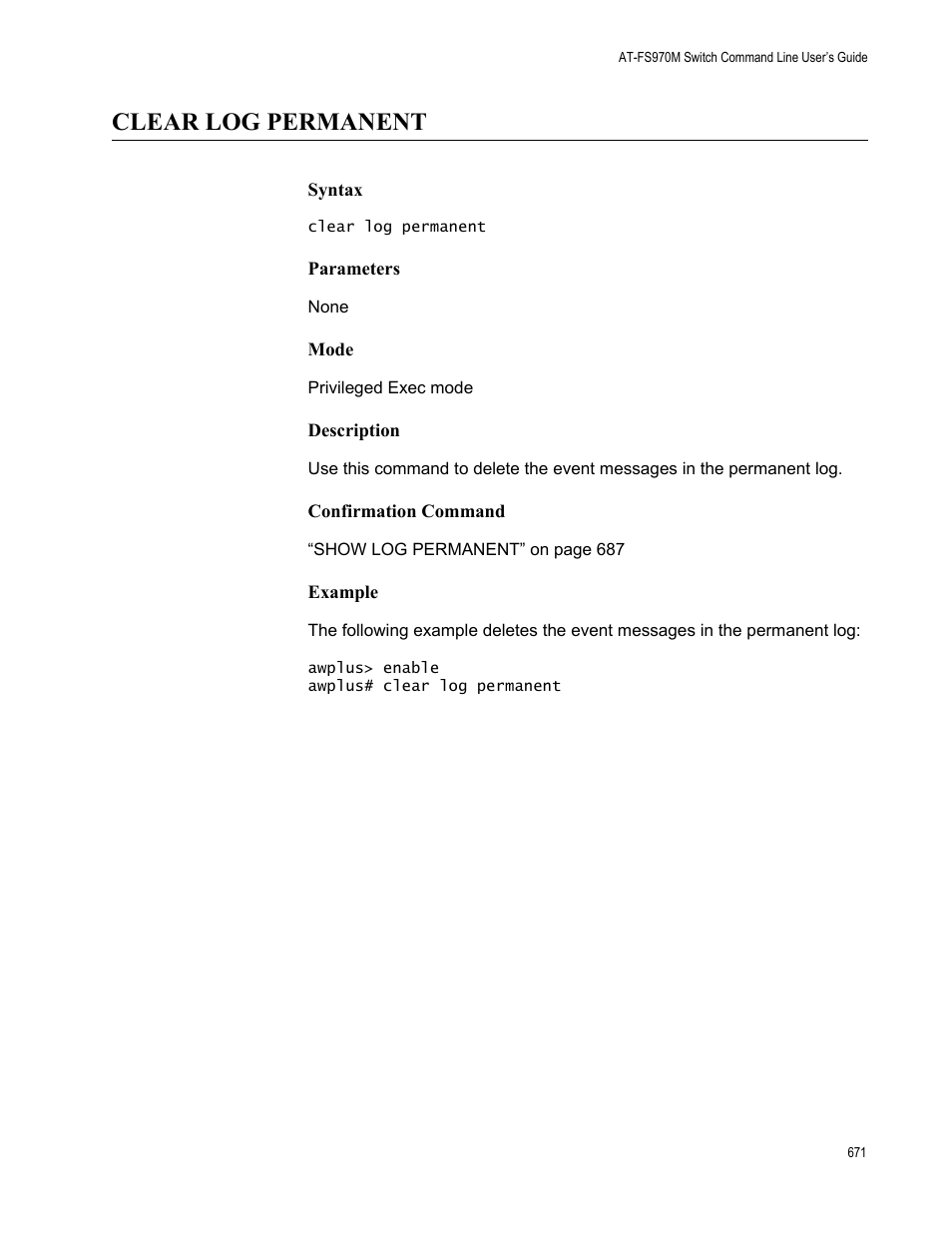 Clear log permanent | Allied Telesis AT-FS970M Series User Manual | Page 671 / 1938