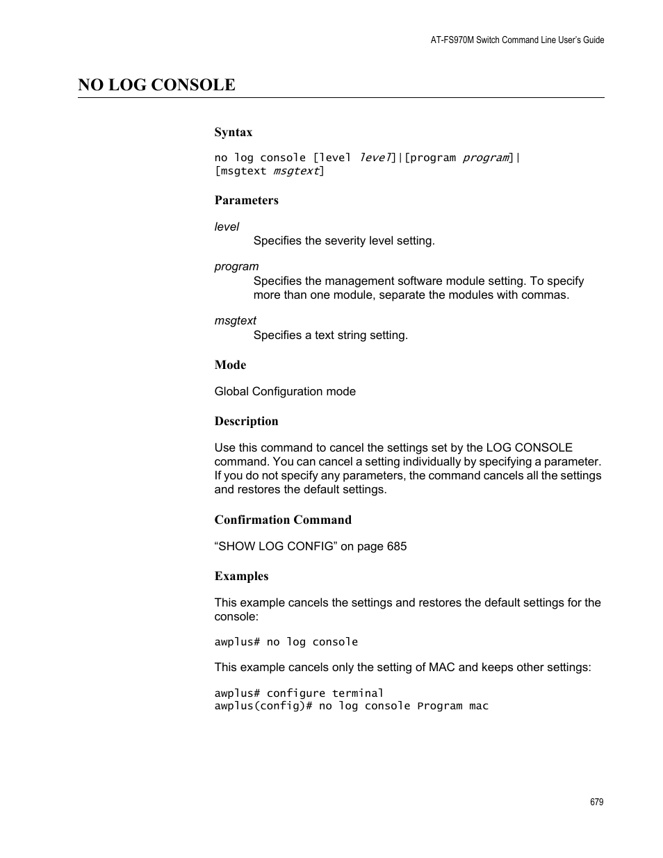 No log console | Allied Telesis AT-FS970M Series User Manual | Page 679 / 1938