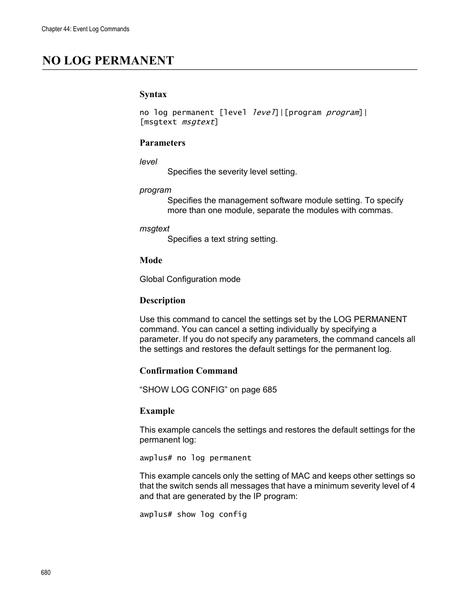 No log permanent | Allied Telesis AT-FS970M Series User Manual | Page 680 / 1938