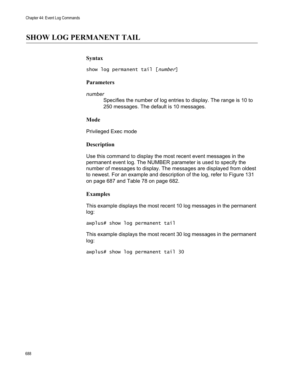 Show log permanent tail | Allied Telesis AT-FS970M Series User Manual | Page 688 / 1938