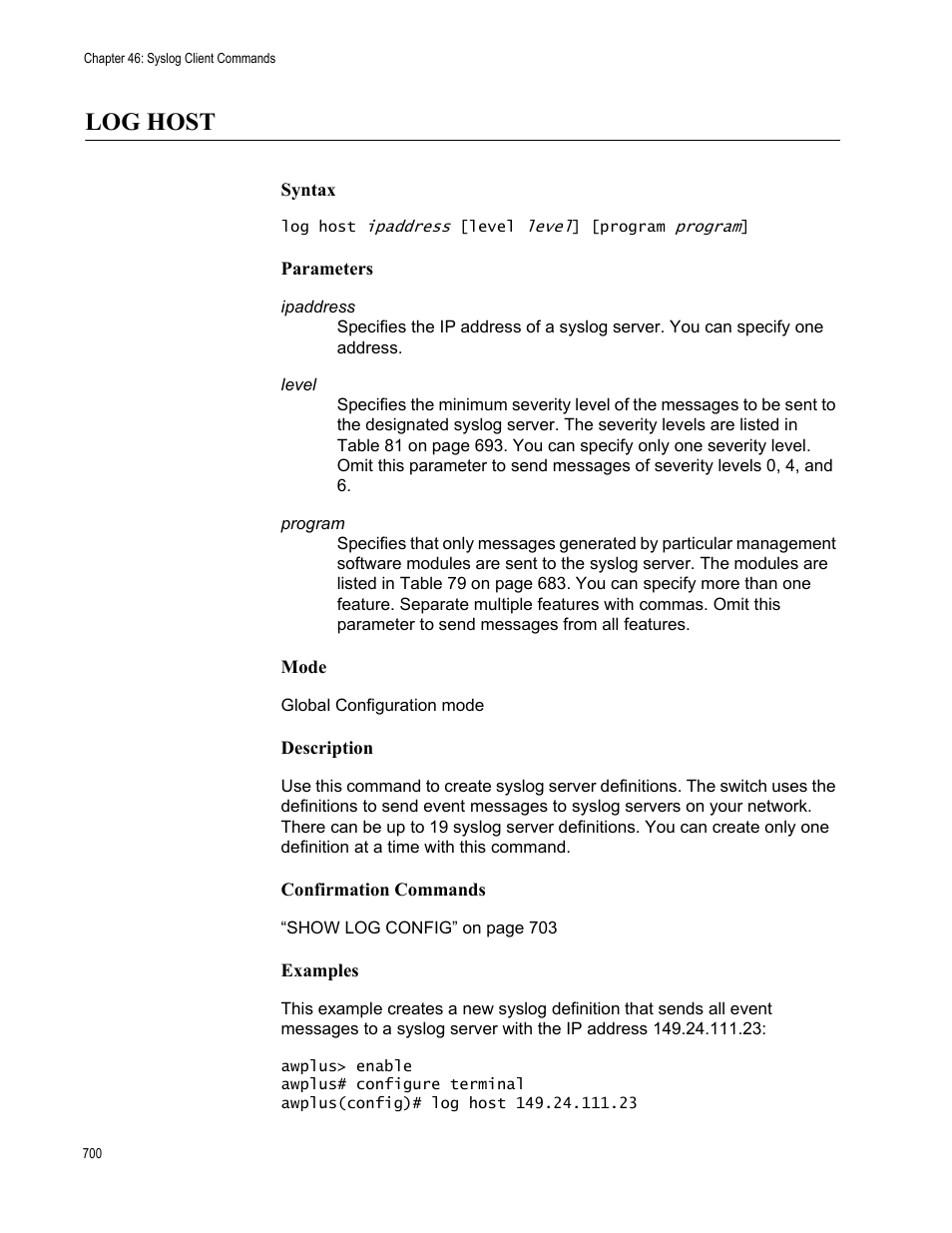 Log host | Allied Telesis AT-FS970M Series User Manual | Page 700 / 1938