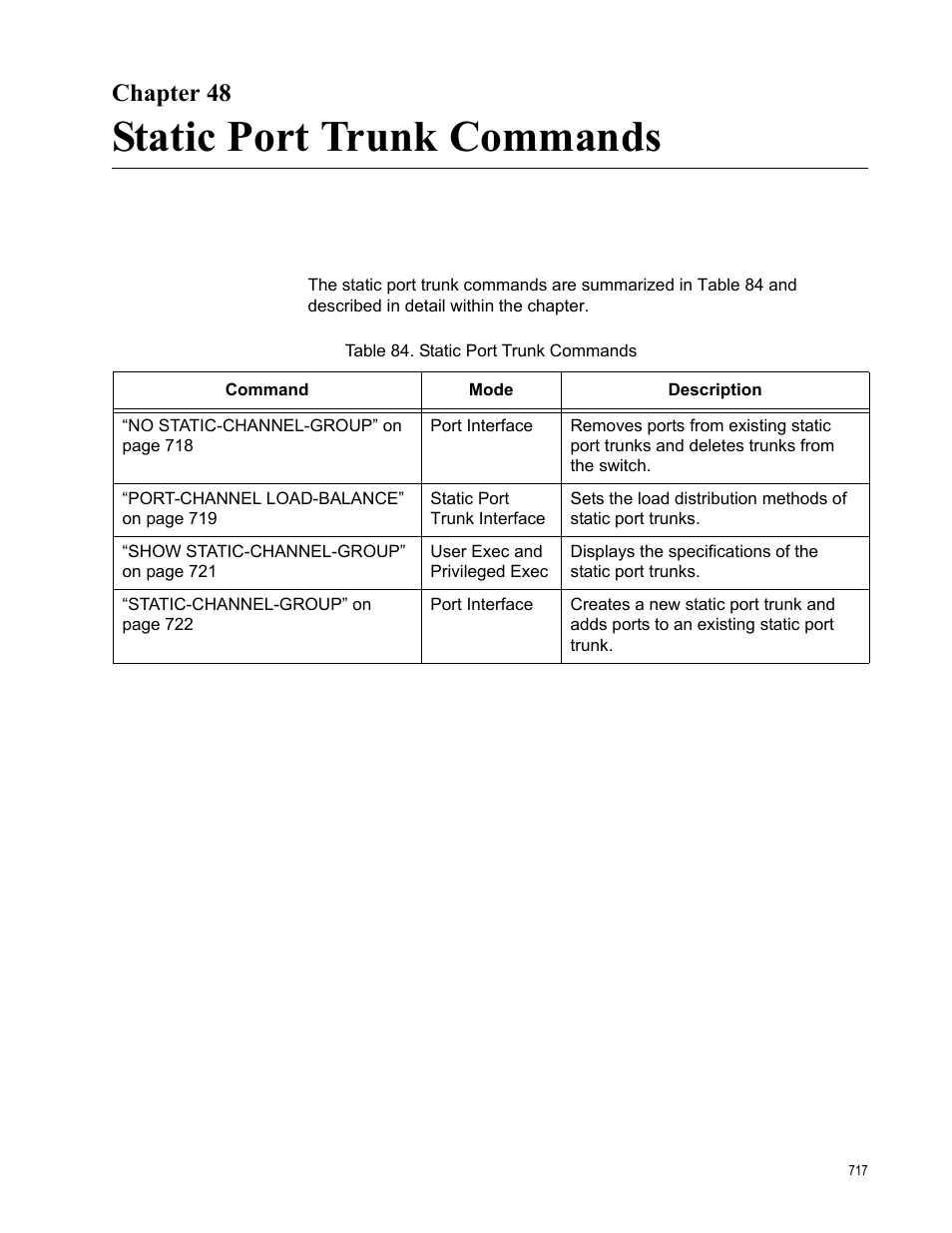 Chapter 48, Static port trunk commands, Table 84. static port trunk commands | Allied Telesis AT-FS970M Series User Manual | Page 717 / 1938