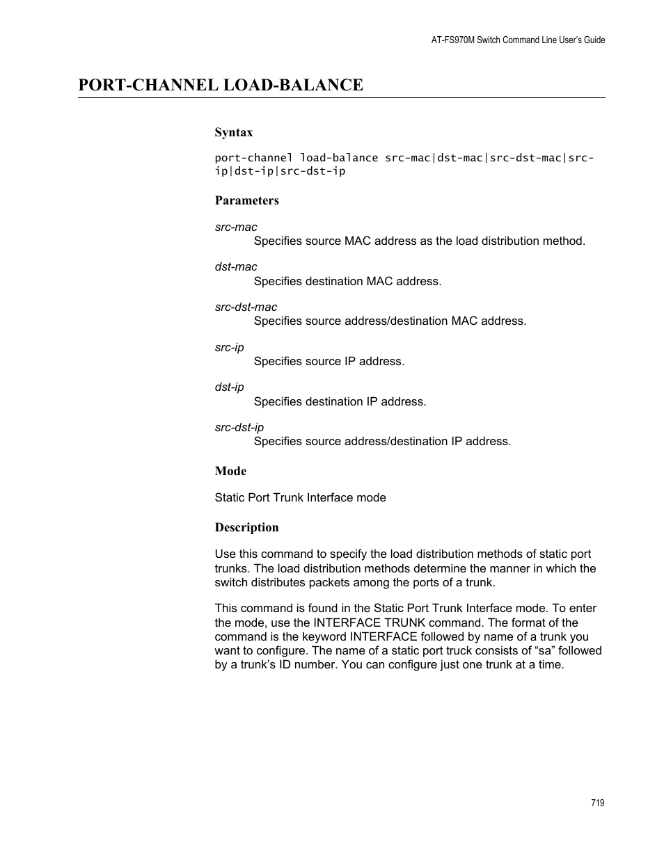 Port-channel load-balance | Allied Telesis AT-FS970M Series User Manual | Page 719 / 1938